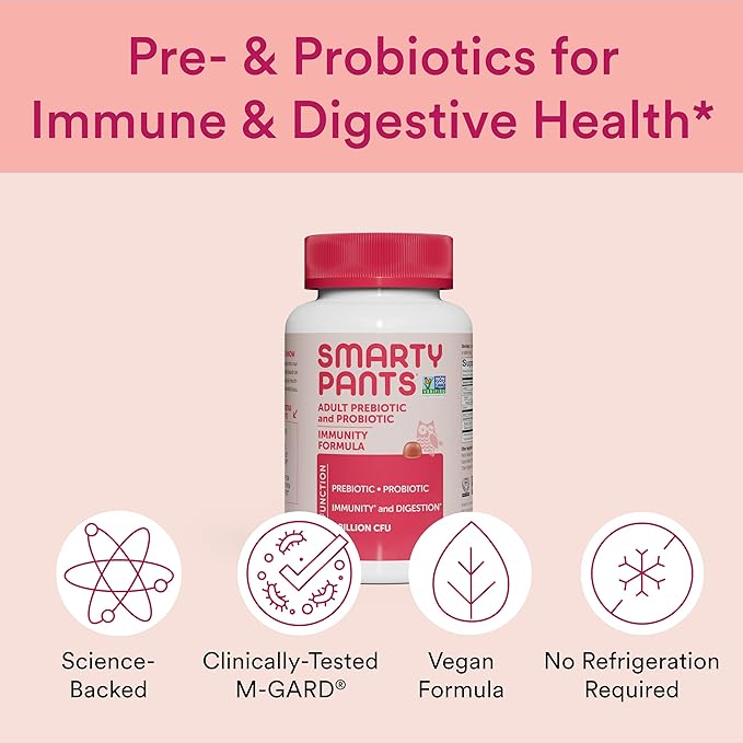 SmartyPants Adult Probiotic & Prebiotic Gummies for Digestive Health: 6 Billion CFU Gut Health Supplement, Clinically Studied Prebiotic for Immune Support, Strawberry, 60 Count (30 Day Supply)