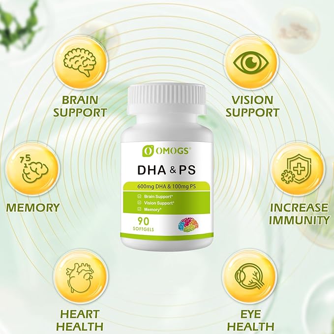 Algae DHA - 600 mg Omega-3 DHA Softgels, with Phosphatidylserine & Walnut Oil, Supports Healthy Brain Function, Vision, Eye & Memory, Gluten Free, Non-GMO Vegan Algae Oil, 90 Softgels