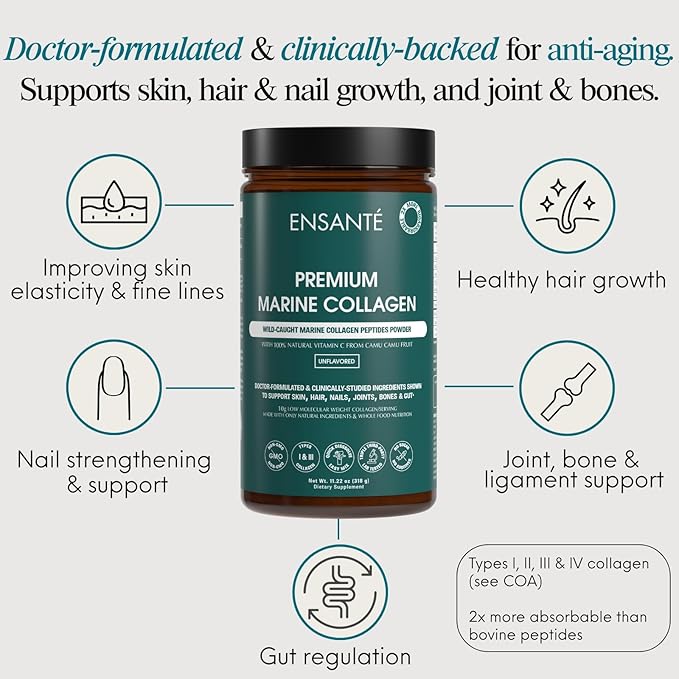 ENSANTE Premium Marine Collagen Peptides Powder Unflavored, Clinically Backed Type I II III IV Collagen, Wild Deep Sea Collagen with Organic Camu Camu Vitamin C for Hair Skin Nail Joint, Lab Tested