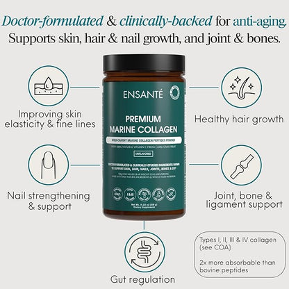 ENSANTE Premium Marine Collagen Peptides Powder Unflavored, Clinically Backed Type I II III IV Collagen, Wild Deep Sea Collagen with Organic Camu Camu Vitamin C for Hair Skin Nail Joint, Lab Tested