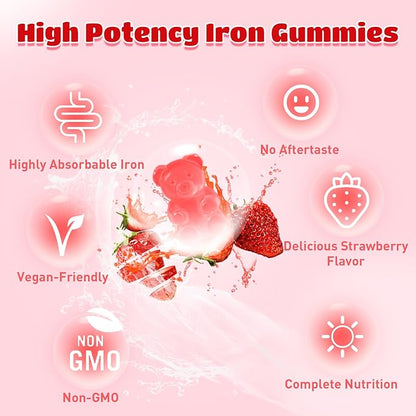 2 Pack Iron Gummies for Men and Women, Energize, Combat Fatigue, Support Anemia Recovery. Packed with Iron, Folate, Vitamin C, in Vegan Strawberry Flavor, 120 Gummies
