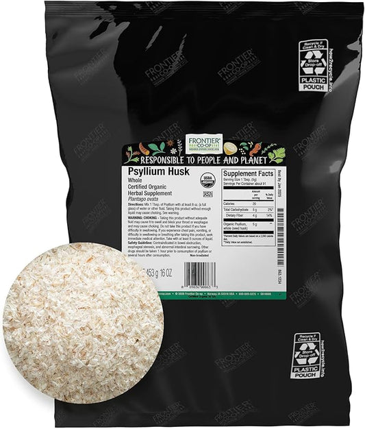 Frontier Co-op Organic Psyllium Husk 1lb - Whole Psyllium Husk, Organic & Kosher - Psyllium Husk Fiber for Baking, Psyllium Nutritional Supplement for Digestion, Psyllium Husk Powder Bulk