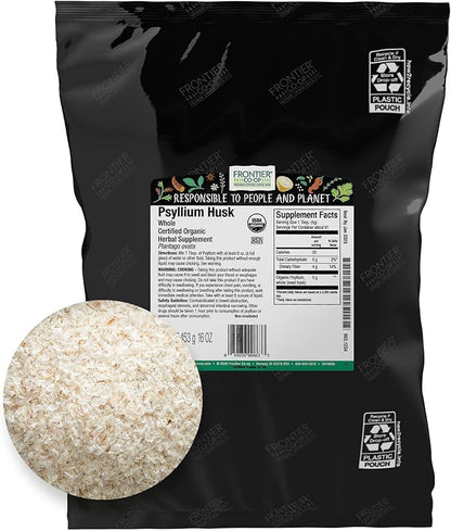 Frontier Co-op Organic Psyllium Husk 1lb - Whole Psyllium Husk, Organic & Kosher - Psyllium Husk Fiber for Baking, Psyllium Nutritional Supplement for Digestion, Psyllium Husk Powder Bulk