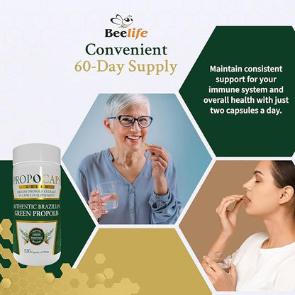 Beelife Green Propolis Capsules- 100% Green Propolis and Bee Pollen Capsule Supplement- Propolis Extract, Authentic Brazilian Green Propolis Capsules - Certified ISO 22000, Kosher (120 Capsules)