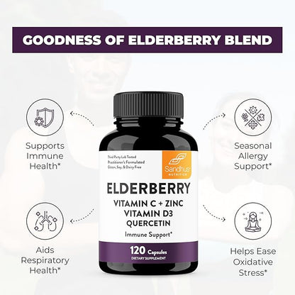 Sandhu's Elderberry Vitamin C & Zinc with Quercetin Capsules for Men & Women | Supports Immunity, Bone Health and Quality Sleep | 240 Count