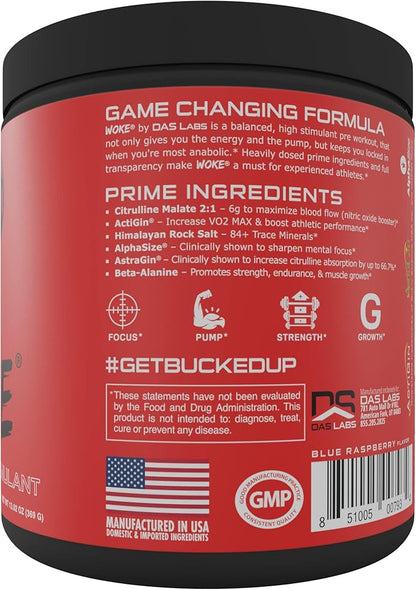 Bucked Up - Woke - HIGH STIM Pre Workout - Best Tasting - Focus Nootropic, Pump, Strength, 30 Servings (Blue Raspberry)