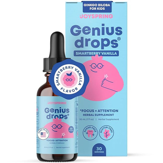 JoySpring Genius Drops Smartberry Vanilla | Herbal Focus Support for Kids with Ginkgo Biloba, Licorice Root, Gotu Kola Extract, Peppermint Leaf | Liquid Cognitive Wellness Formula|1fl oz (30 Servings)
