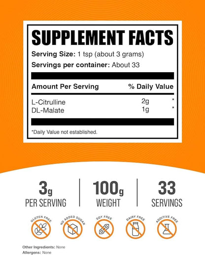 BulkSupplements.com L-Citrulline Malate 2:1 Powder - Nitric Oxide Boost, Citrulline Malate Supplement - Unflavored & Gluten Free - 3g per Servings, 100g (3.5 oz) (Pack of 1)