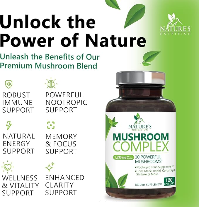 Mushroom Supplement 10 in 1 High Strength Lions Mane Mushroom - Turkey Tail, Reishi, Cordyceps, Chaga & Mushrooms Nootropic Brain Supplements for Memory & Focus Support, Mushroom Complex, 120 Capsules