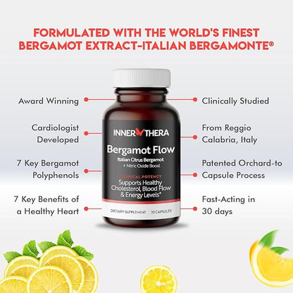 Bergamot Flow Italian Citrus Bergamot + S7 Nitric Oxide, Bergamot Supplement for High Cholesterol - Increase Blood Flow, Circulation & Energy Levels - Made with Patented Italian Bergamonte Extract