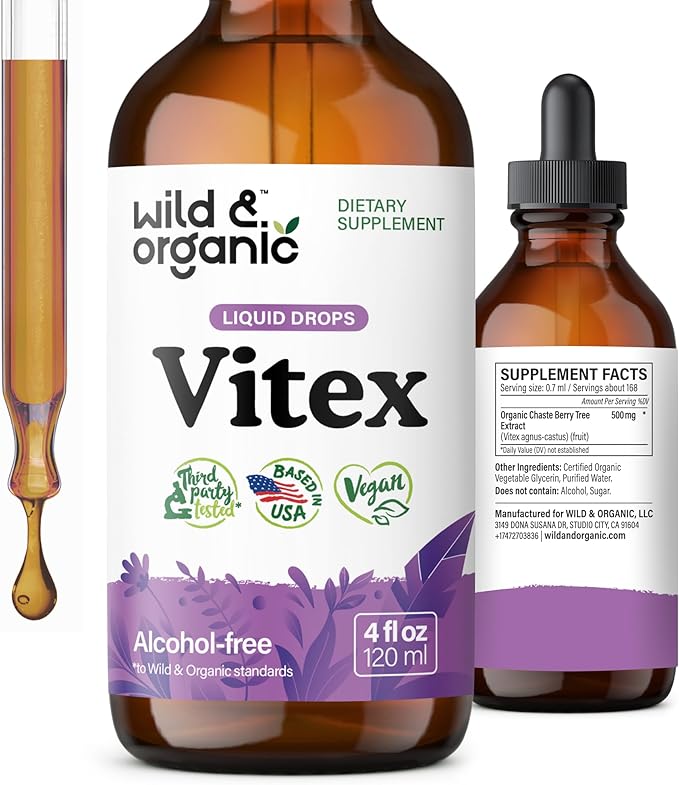 Wild & Organic Vitex Tincture - Vitex Chasteberry Supplement for Women - Liquid Chaste Tree Berry Extract for Good Mood - Vegan, Sugar & Alcohol-Free Herb Drops - 4 fl oz