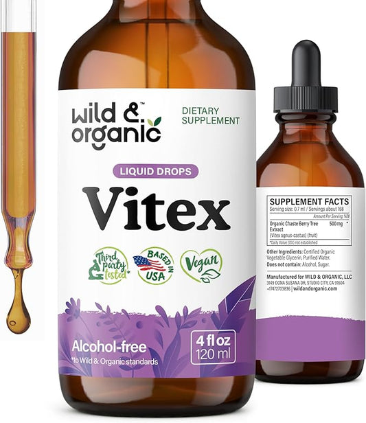 Wild & Organic Vitex Tincture - Vitex Chasteberry Supplement for Women - Liquid Chaste Tree Berry Extract for Good Mood - Vegan, Sugar & Alcohol-Free Herb Drops - 4 fl oz