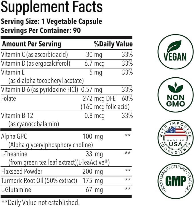 Advanced Brain Health Supplement with Alpha GPC, L-Theanine, L-Glutamine for Memory and Focus - 90 Capsules