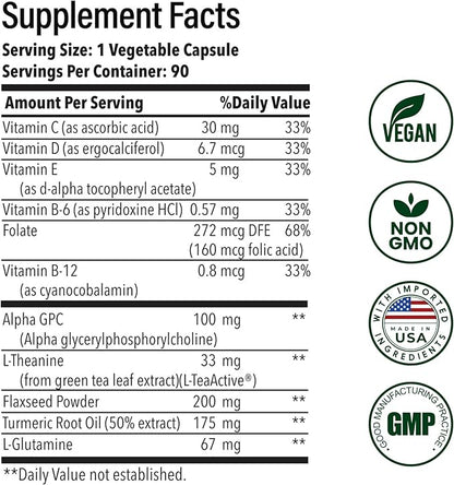Advanced Brain Health Supplement with Alpha GPC, L-Theanine, L-Glutamine for Memory and Focus - 90 Capsules