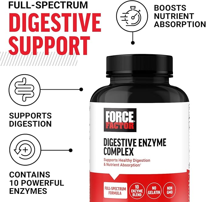 FORCE FACTOR Digestive Enzymes Complex to Support Digestive Health, Gut Health, and Provide Bloating Relief for Women and Men, Full-Spectrum 10 Digestive Enzymes, Non-GMO, 90 Capsules