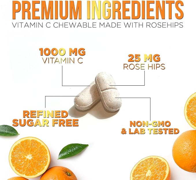 Vitamin C 1000mg Supplement - Extra Strength Chewable Immune Support Vitamin C Dietary Supplement with Rose HIPS, Nature's VitaminC Antioxidant Support, Natural, Vegan, Orange Flavor - 60 Tablets