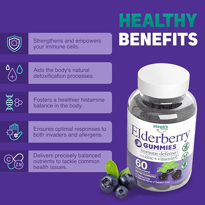 Elderberry Gummies with Vitamin C and Zinc - Immune Booster Elderberry Gummies For Adults and Kids - Vegan Natural Ingredients Defense Multivitamins with Antioxidant Support (60 Gummies)