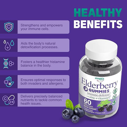 Elderberry Gummies with Vitamin C and Zinc - Immune Booster Elderberry Gummies For Adults and Kids - Vegan Natural Ingredients Defense Multivitamins with Antioxidant Support (60 Gummies)