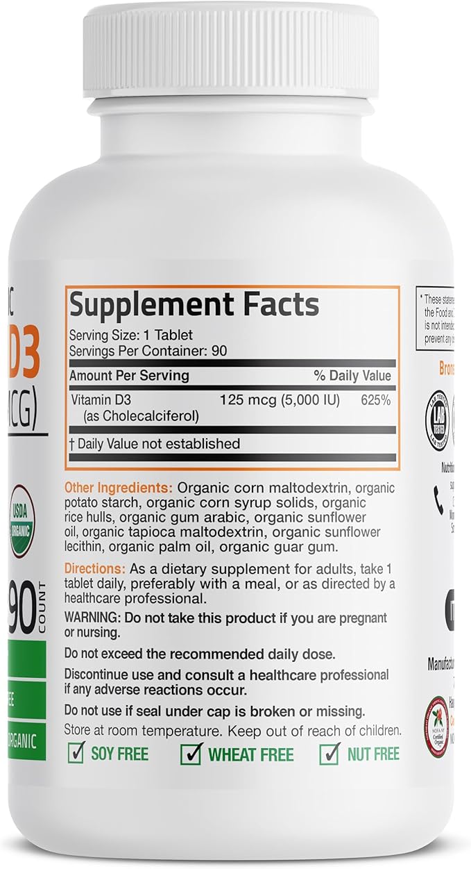 Bronson Vitamin D3 5000 IU Certified Organic Vitamin D Supplement, Non-GMO, USDA Certified, 90 Tablets