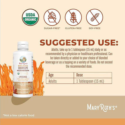 MaryRuth Organics Cordyceps Mushroom Supplement | Ultra Absorption Liposomal | Full Spectrum Mushroom | 200mg Beta-Glucans Per Serving | USDA Organic | Vegan | 7.6 oz | 15 Servings