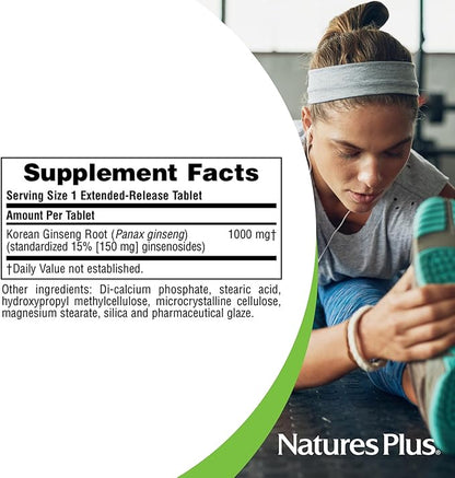 Natures Plus Herbal Actives Korean Ginseng, Extended Release - 1000 mg, 30 Vegan Tablets - Adaptogenic Herbal Supplement, Antioxidant - Vegetarian, Gluten-Free - 30 Servings