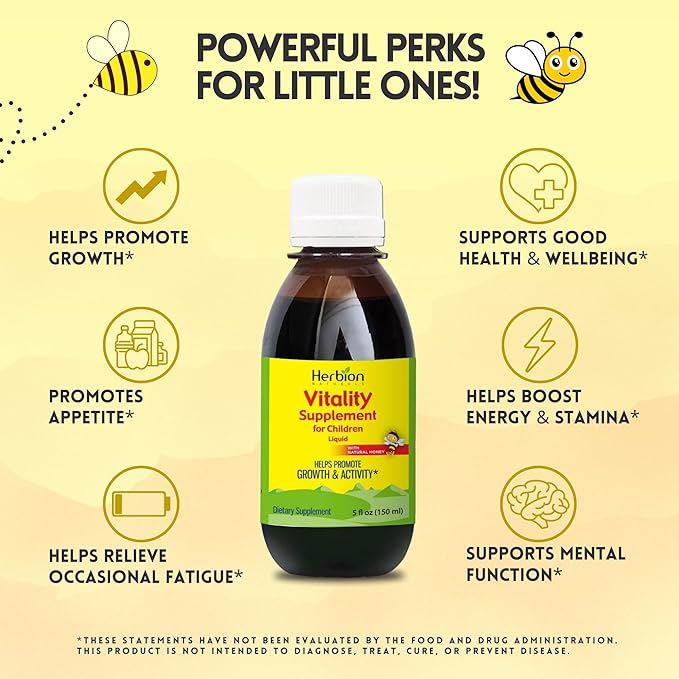 HERBION Naturals Vitality Supplement for Children, Promotes Growth and Appetite, Relieves Fatigue, Improves Mental & Physical Performance, for Kids 1 Year & Above, 5 Fl Oz (Pack of 1)