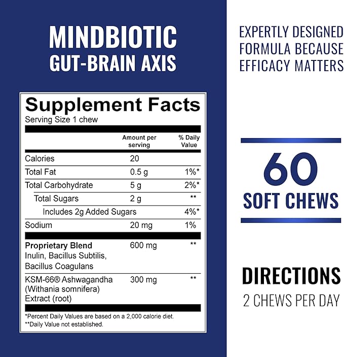MindBiotic Brain Health Supplement - Probiotics & Prebiotics with KSM-66 Ashwagandha - Supports Memory, Focus, and Gut-Brain Connection - 300MG - 60 Chews