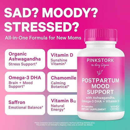Pink Stork Postpartum Mood Support - Postnatal Hormone Balance for Women - Breastfeeding Friendly - Stress & Cognitive Support, New Mom Essentials - Ashwagandha, Chamomile, & Vitamin D, 60 Capsules