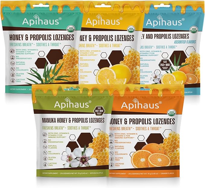 Manuka Honey and Propolis Lozenges Eucalyptus Flavor, Freshens Breath - Soothes a Throat- Immune Support with Vitamin C, Vitamin D and Zinc, 20 Count