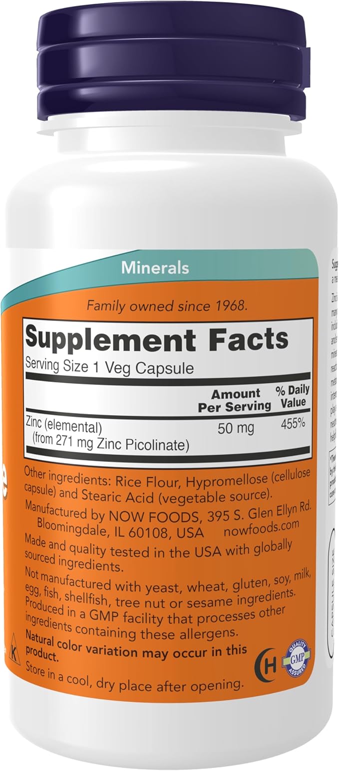 NOW Foods Supplements, Zinc Picolinate 50 mg, Supports Enzyme Functions*, Immune Support*, 120 Veg Capsules (Packaging may vary)