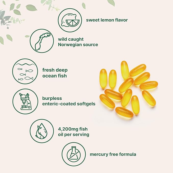 Triple Strength Omega 3 Fish Oil Supplements 4200mg Per Serving, 240 Softgels – Lemon Flavored – Burpless (Enteric-Coated) | EPA 1200mg + DHA 900mg | Deep Sea Fish, Wild Caught from Norwegian Waters