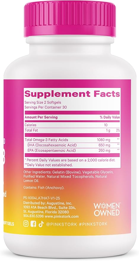 Pink Stork Omega 3 Fish Oil Supplements for Women with DHA and EPA - High Potency Burpless Omega-3 Supplement for Cognitive Health - 60 Softgels