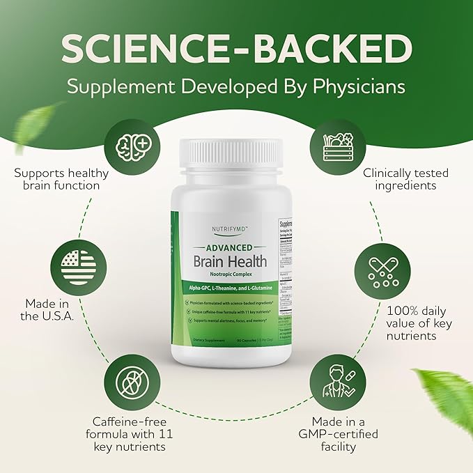 Advanced Brain Health Supplement with Alpha GPC, L-Theanine, L-Glutamine for Memory and Focus - 90 Capsules