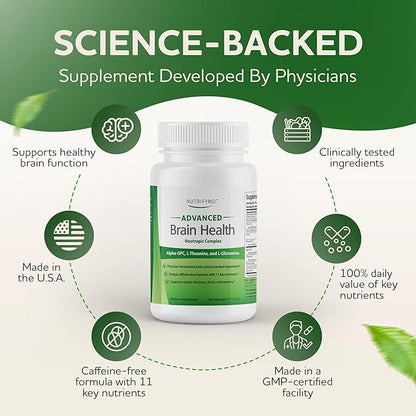 Advanced Brain Health Supplement with Alpha GPC, L-Theanine, L-Glutamine for Memory and Focus - 90 Capsules