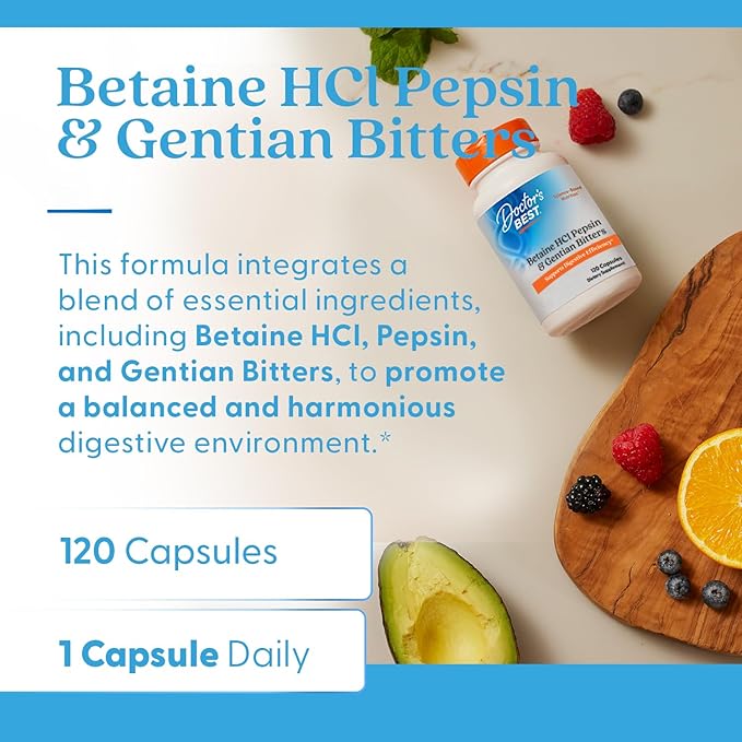 Doctor's Best Betaine HCI Pepsin & Gentian Bitters, Digestive Enzymes for Protein Breakdown & Absorption, Non-GMO, Gluten Free, 120 Caps, Original Version
