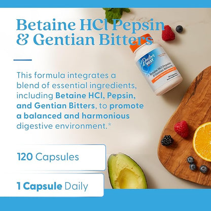 Doctor's Best Betaine HCI Pepsin & Gentian Bitters, Digestive Enzymes for Protein Breakdown & Absorption, Non-GMO, Gluten Free, 120 Caps, Original Version
