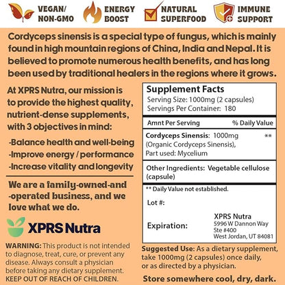 XPRS Nutra Cordyceps Mushroom Powder Capsules - 360 Count (180 Day Supply) - Our Premium Cordyceps Mushroom Capsules Contain Real Mushrooms (Cordyceps Sinensis) to Support Stamina and Performance