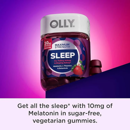 OLLY Max Strength Sleep Gummy, 10mg Melatonin, L-Theanine, Chamomile, Lemon Balm, Sugar Free, Vegetarian Sleep Aid, Strawberry - 50 Count