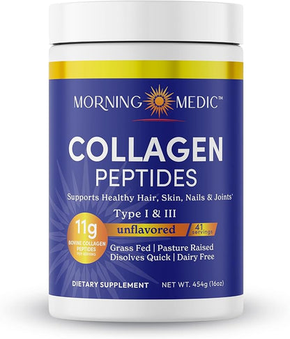 Quick Dissolving Collagen Peptides Powder - Supports Healthy Hair, Skin, Nails, & Joints, Type I &III, Unflavored, 41 Servings, 16 OZ