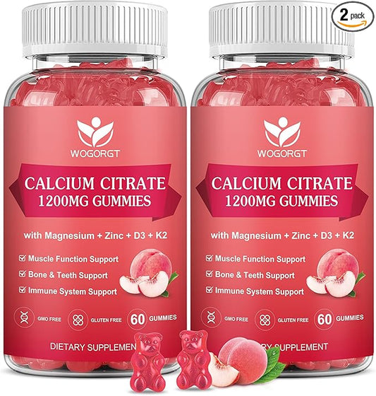 Calcium Citrate 1200mg Gummies with Vitamin D3, K2 - Chewable Calcium Magnesium Zinc d3 Supplement with Sea Moss Extract for Bone, Teeth, Immune Support for Women & Men, Peach Flavor-60 Gummies(2Pack)