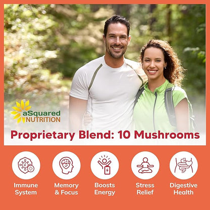 aSquared Nutrition Mushroom Gummies - 10x Complex Supplement - Lions Mane, Turkey Tail, Reishi, Cordyceps, Chaga - Energy, Focus, Immune Support for Men & Women - Replace Powder, Capsules & Pills