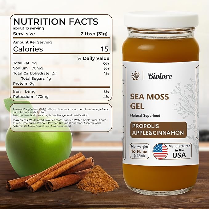 Sea Moss Gel - Propolis Apple Cinnamon 16oz, Wildcrafted Irish Seamoss with Essential Vitamins & Trace Minerals, Vegan Superfood Made in USA