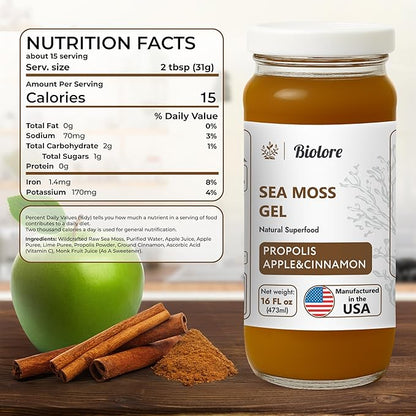 Sea Moss Gel - Propolis Apple Cinnamon 16oz, Wildcrafted Irish Seamoss with Essential Vitamins & Trace Minerals, Vegan Superfood Made in USA