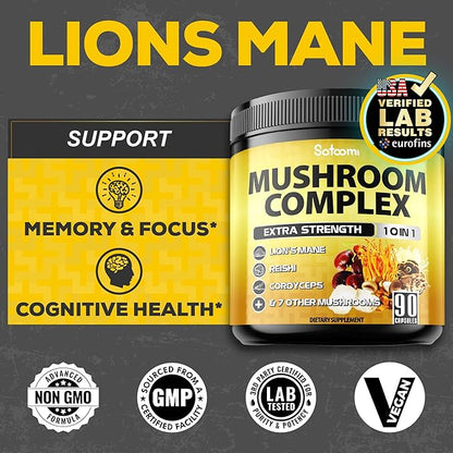 Satoomi 10in1 Mushroom Supplement Complex - Lions Mane, Cordyceps, Reishi, Chaga and 6 More - Brain Supplements for Memory & Focus - 90 Count - 3 Months Supply