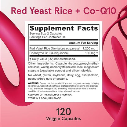Jarrow Formulas Red Yeast Rice 1200 mg & Co-Q10 100 mg Per Serving - 120 Veggie Caps - 60 Servings - Herbal Heart Health Dietary Supplement - Supports Cardiovascular & Heart Health - Vegan