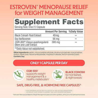 Estroven Weight Management for Menopause Relief - 60 Ct. - Clinically Proven Ingredients Help Manage Weight, Provide Night Sweats & Hot Flash Relief - Drug-Free & Gluten-Free
