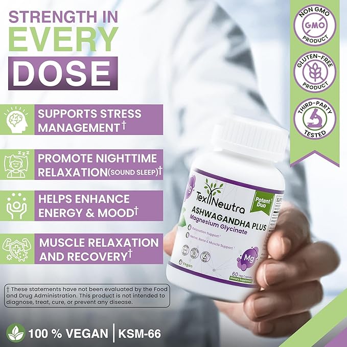 Ashwagandha with Magnesium Glycinate Supplement - 500mg Ashwagandha Root Extract & 110mg Bioavailable Magnesium - 60 Capsules