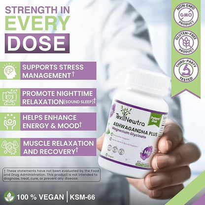 Ashwagandha with Magnesium Glycinate Supplement - 500mg Ashwagandha Root Extract & 110mg Bioavailable Magnesium - 60 Capsules
