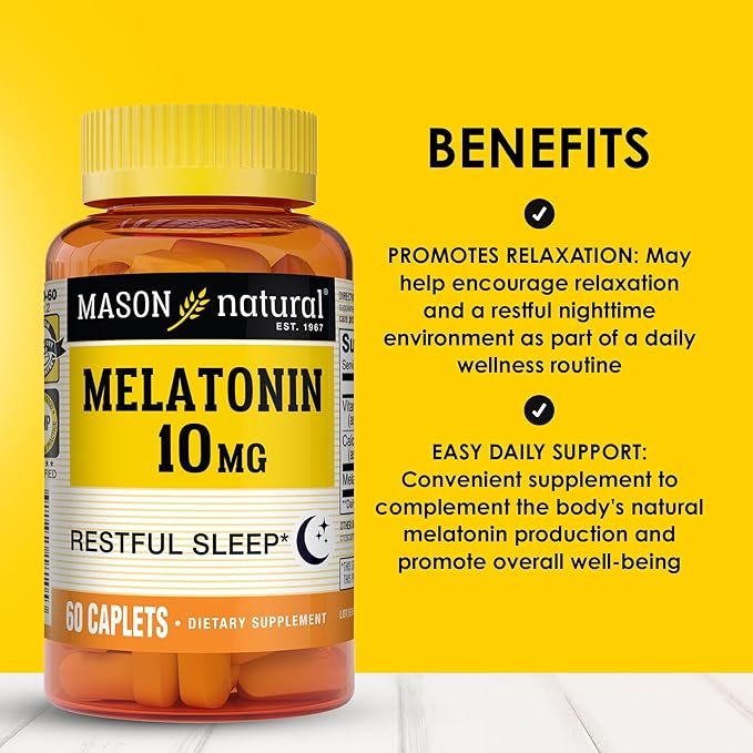 MASON NATURAL Melatonin 10 mg with B6 and Calcium, Natural Sleep Aid, Supports Healthy Sleep & Rest, 60 Caplets (Pack of 3)