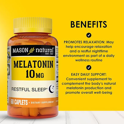 MASON NATURAL Melatonin 10 mg with B6 and Calcium, Natural Sleep Aid, Supports Healthy Sleep & Rest, 60 Caplets (Pack of 3)